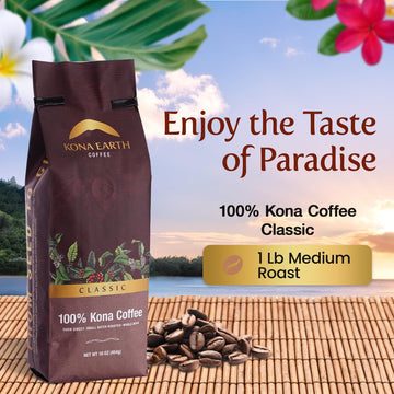 Kona Earth - Classic, 100% Kona Coffee Beans, Whole Farm-Fresh Classic Medium Roast Coffee Beans, Micro-Batch-Roasted, 1 Lb., Pa