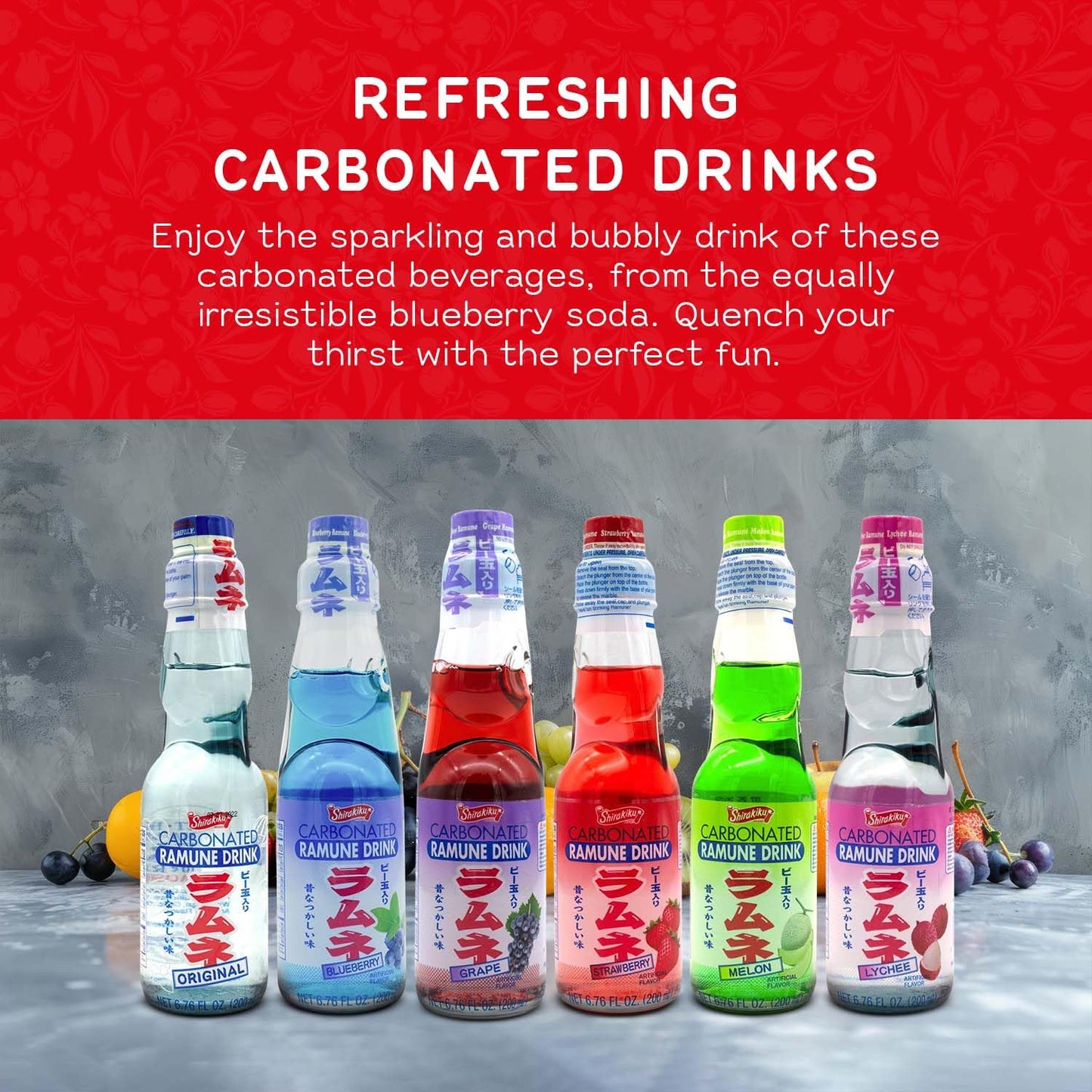 Shirakiku Ramune Japanese Soda Variety Pack | Japanese Marble Soda In Multiple Flavors | Original, Strawberry, Melon, Lychee, Gr