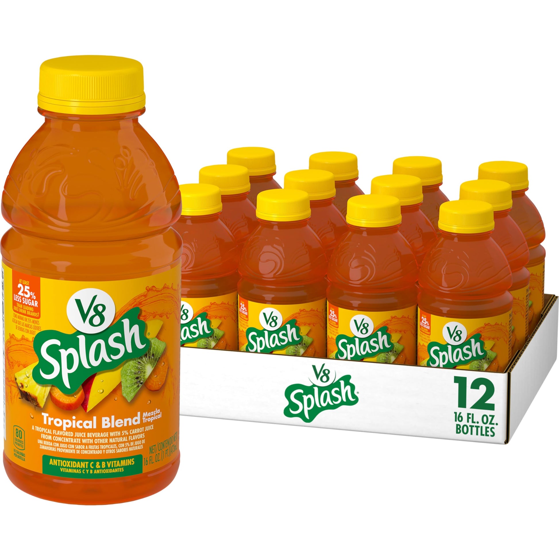V8 Splash Tropical Blend Juice Beverage, 16 fl oz Bottle, Pack of 12