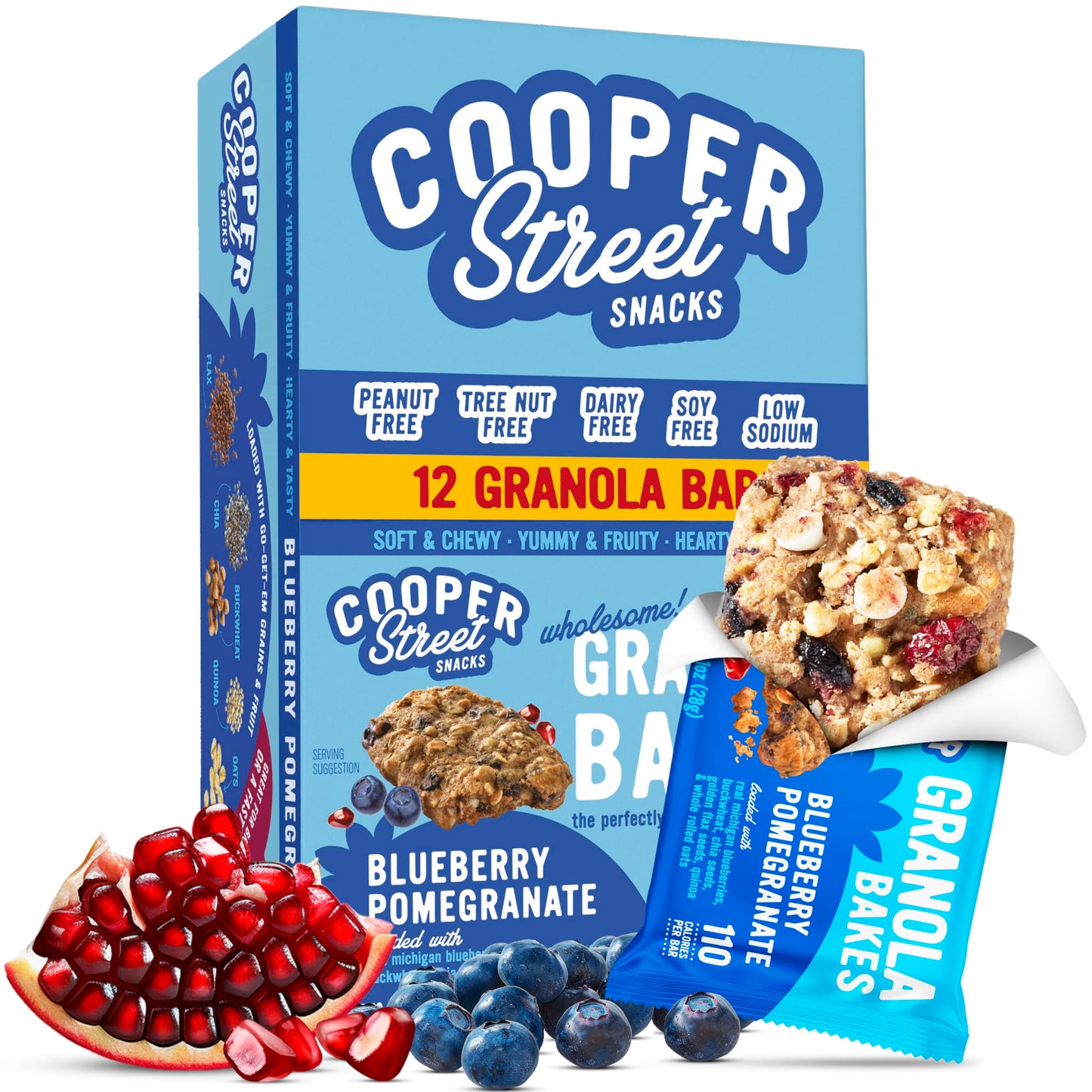 COOPER STREET Granola Bakes - Blueberry Pomegranate, 12 Individually Wrapped Bars, Nut, Dairy & Soy Free, Soft & Chewy
