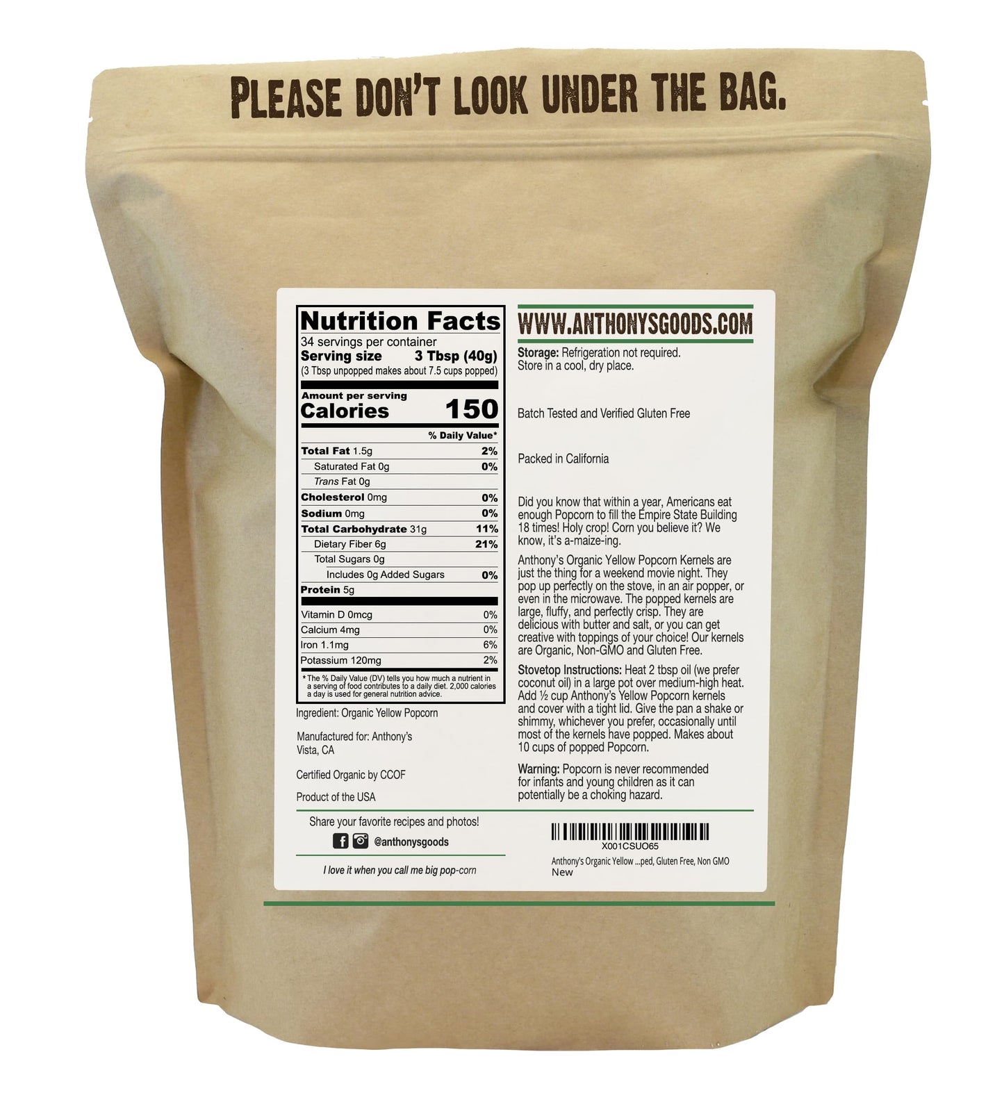 Anthonys Organic Yellow Popcorn Kernels, 3 Lb, Unpopped, Gluten Free, Non Gmo