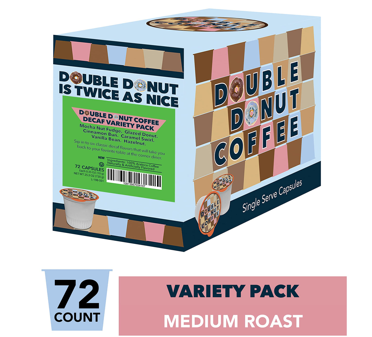 Double Donut Coffee Decaf Flavored Coffee Variety Pack - 72 Count for Keurig - 6 Traditional Flavors