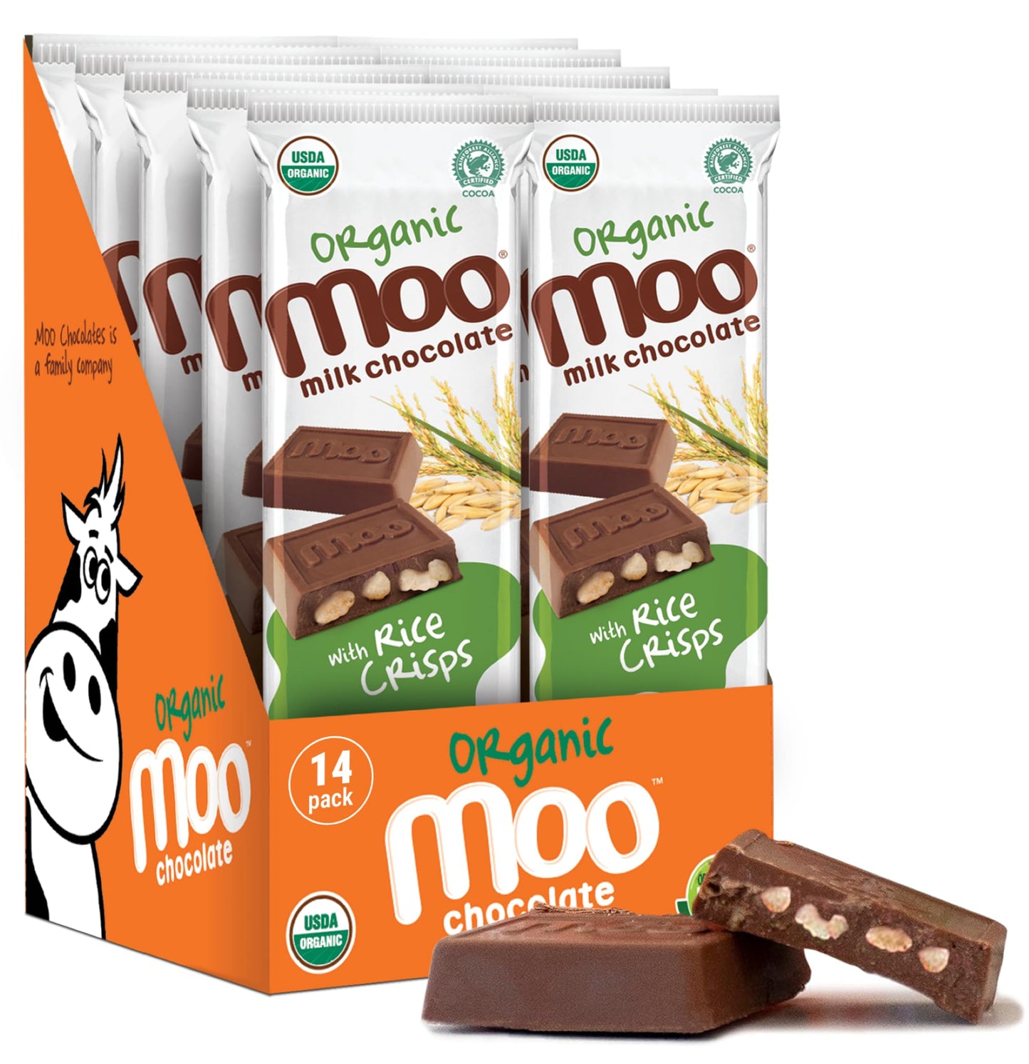 Moo Chocolates Organic Milk Chocolate Large Bars with Rice Crisps 1.4 oz, 14 ct (Pack of 1) | USDA Organic, Non-GMO | 100 Calori