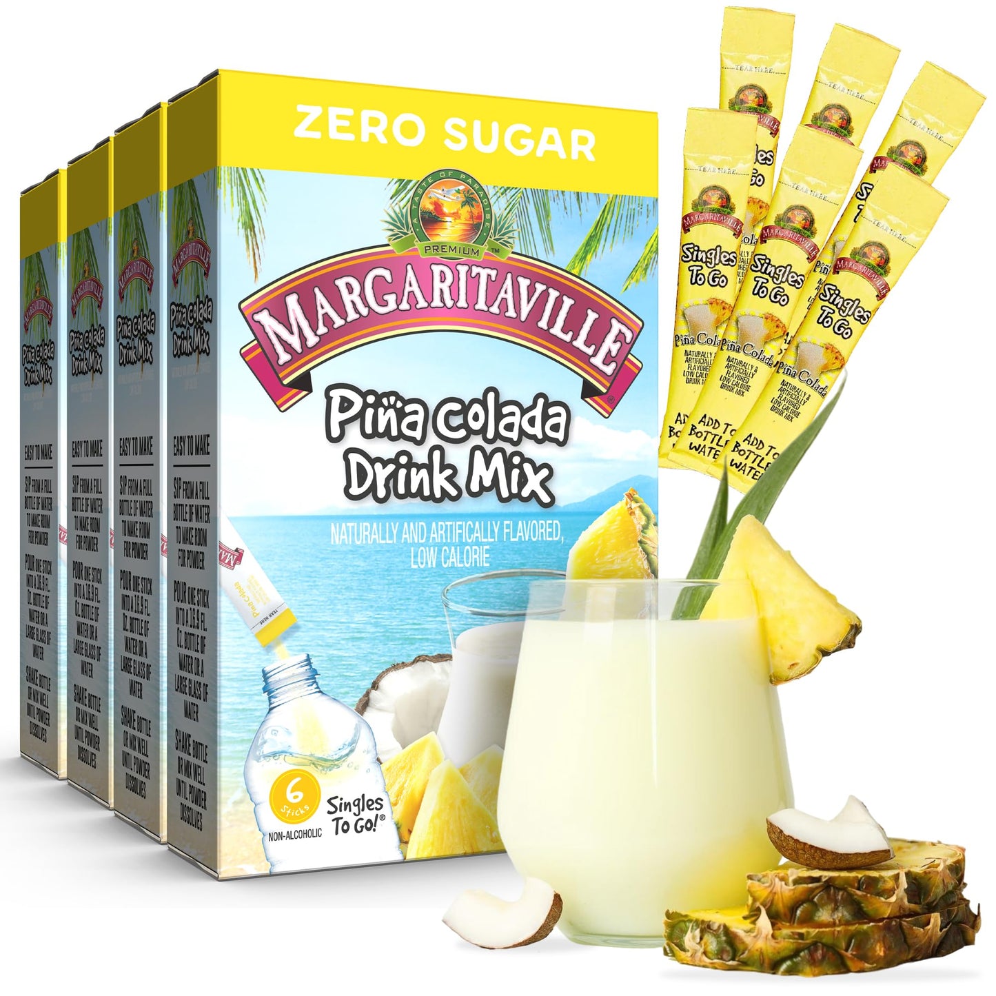 Margaritaville Singles To Go Water Drink Mix, Pina Colada Flavor, Non-Alcoholic, 0.7 Ounce (Pack of 4), Model 072392334636