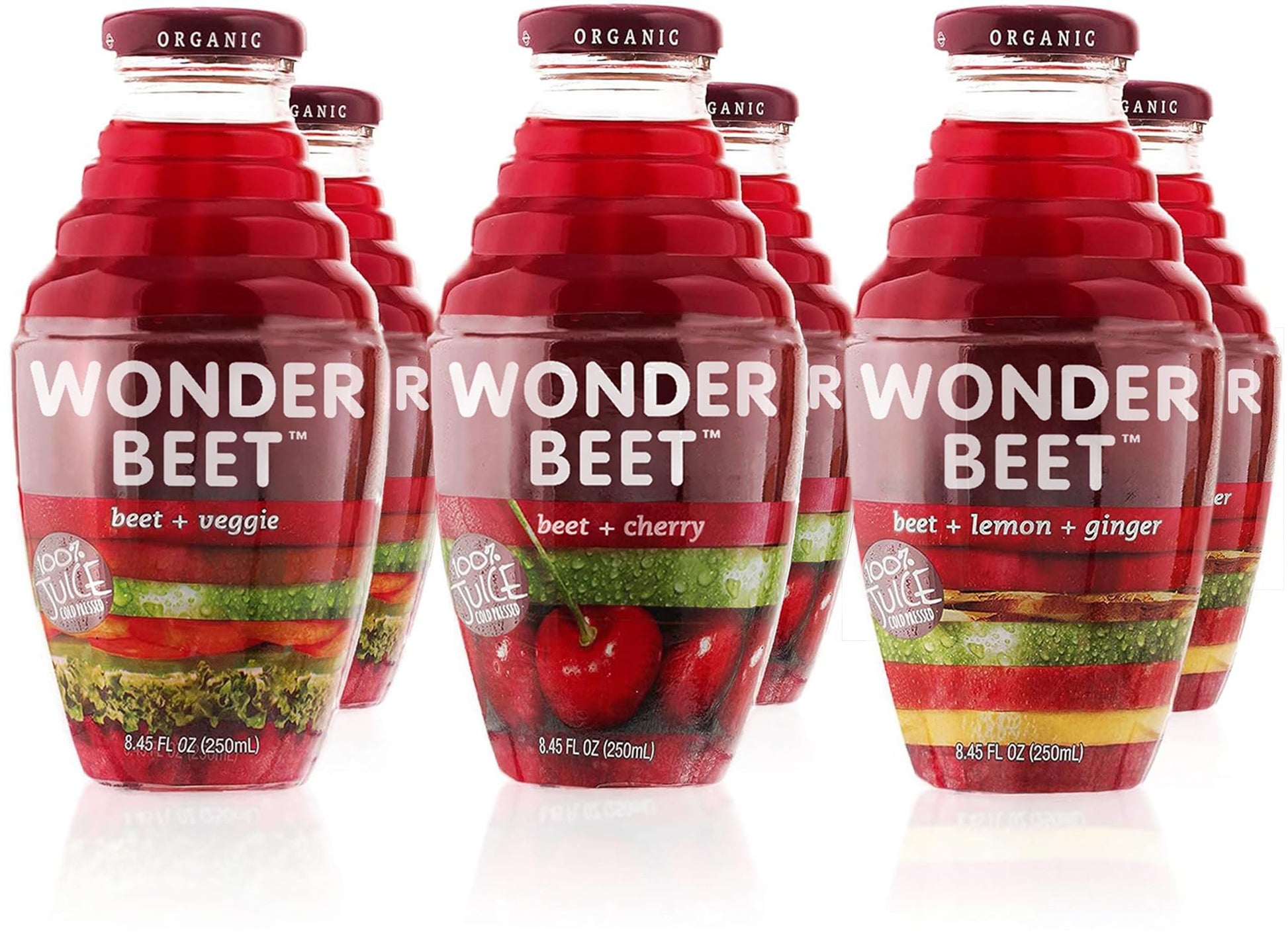 Beetology Organic Beet Juice 8.45oz ''Variety Pack'', 2 bottles each of: Beet + Veggie, Beet + Lemon Ginger, Beet + Cherry (6 Pa