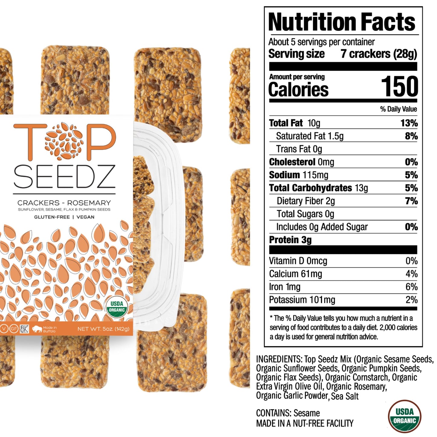 Top Seedz Organic Gluten Free Rosemary Seed  ers - 5 Oz (Pack of 6) - Healthy Vegan Snack with Plant Based Protein