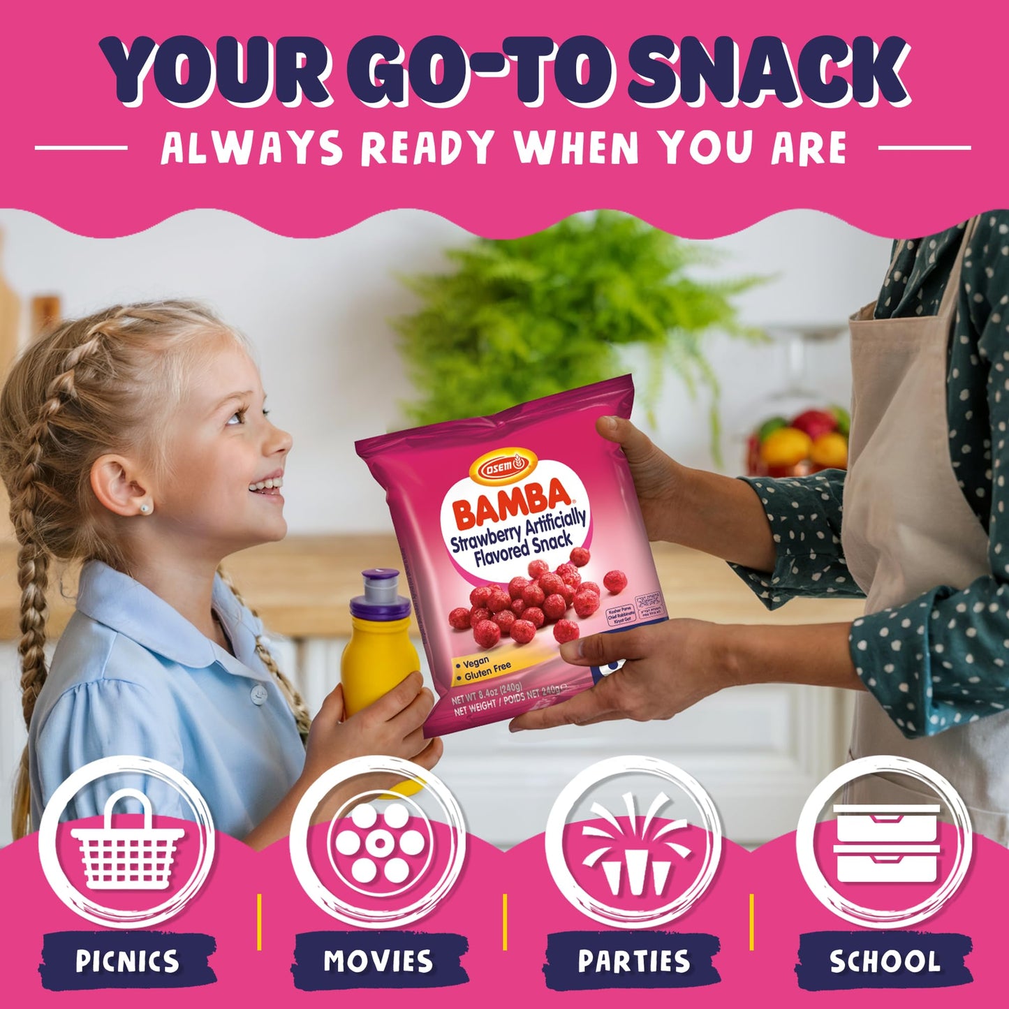 Bamba Strawberry Snacks All Natural Sweet Red Strawberry Bamba Corn Puffs, 1.05oz Bag, (Family Pack Of 8 Bags)