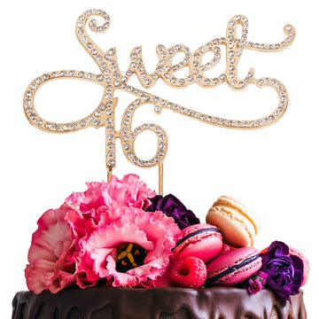 Sweet 16 Cake Topper For 16 Years Birthday Or 16Th Wedding Anniversary Crystal Rhinestone Party Decoration Silver (Gold)