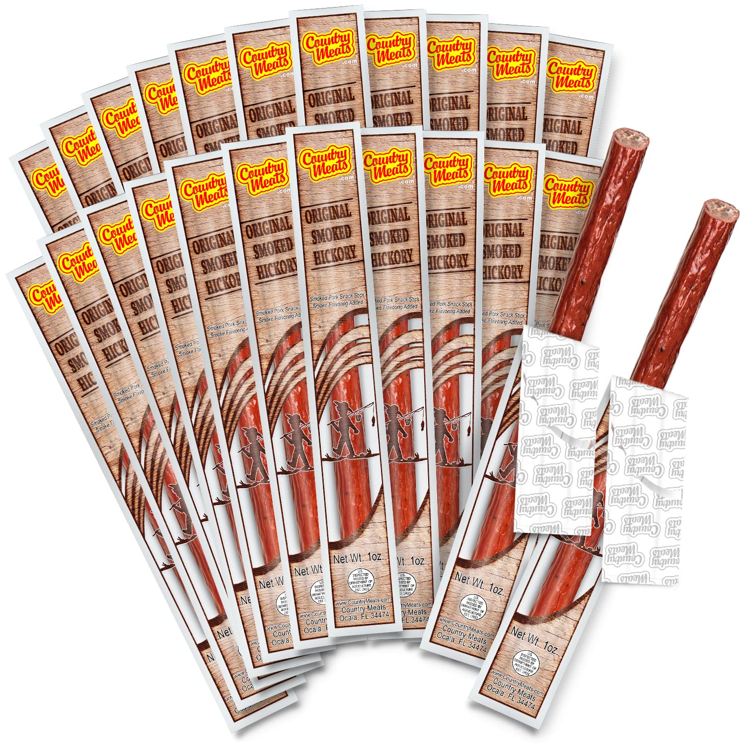 Country Meats Meat Sticks, 0 Trans Fat, Good Source of Protein, Original Smoked Hickory, Pack of 24