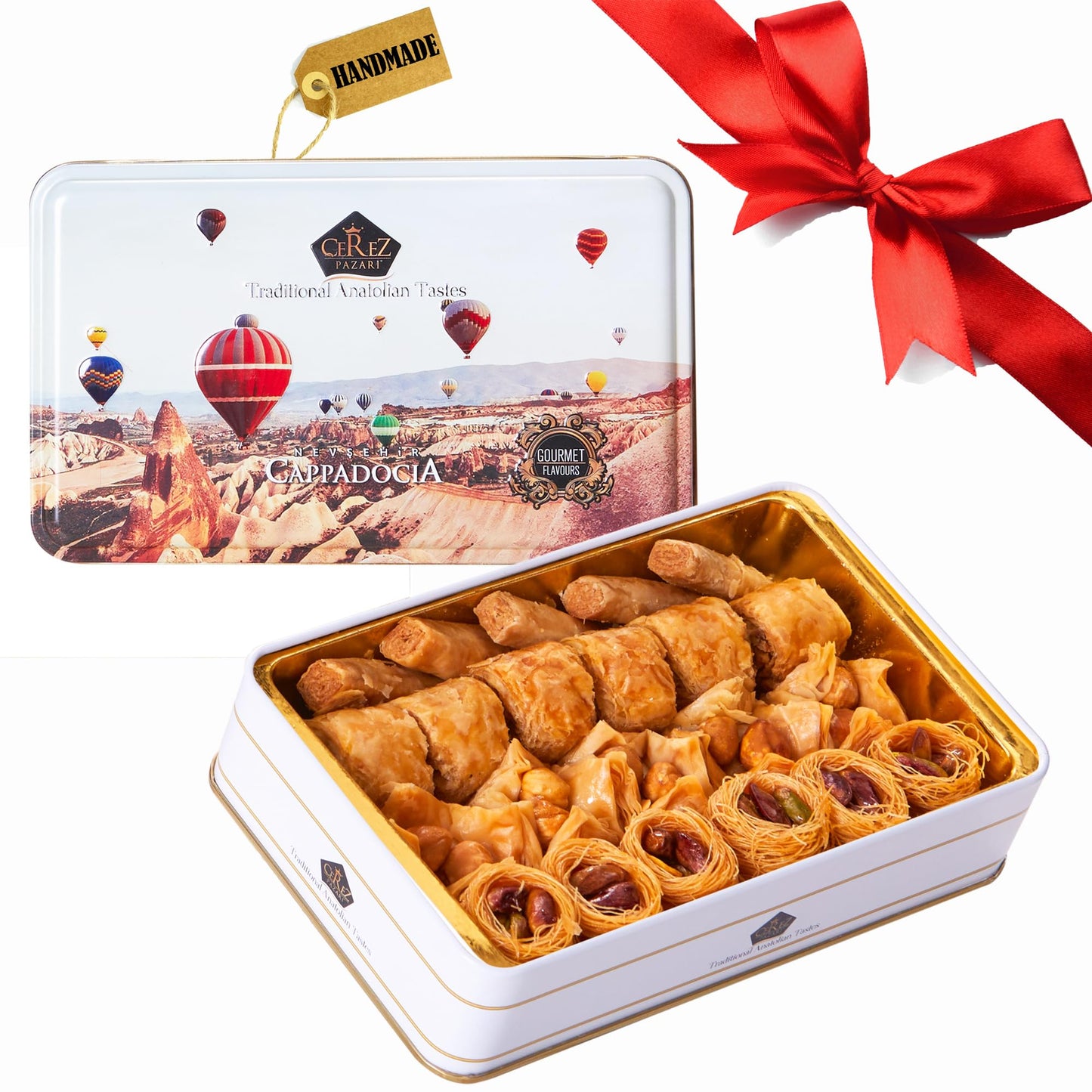 Çerez Pazari Assorted Baklava Gift Basket, 8.47 oz, 22-23 pcs, Turkish Pistachio, Walnut, Cashew, Hazelnut, No Preservatives