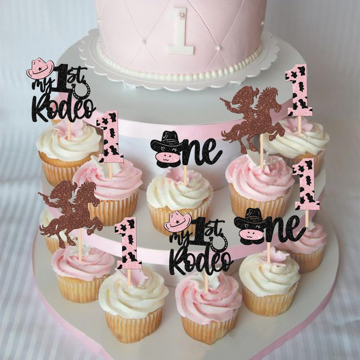 24 Pcs Cowboy 1St Birthday Cupcake Toppers Glitter Hat Cowboy One My 1St Rodeo Cupcake Picks First Birthday Cow One Cake Decorat