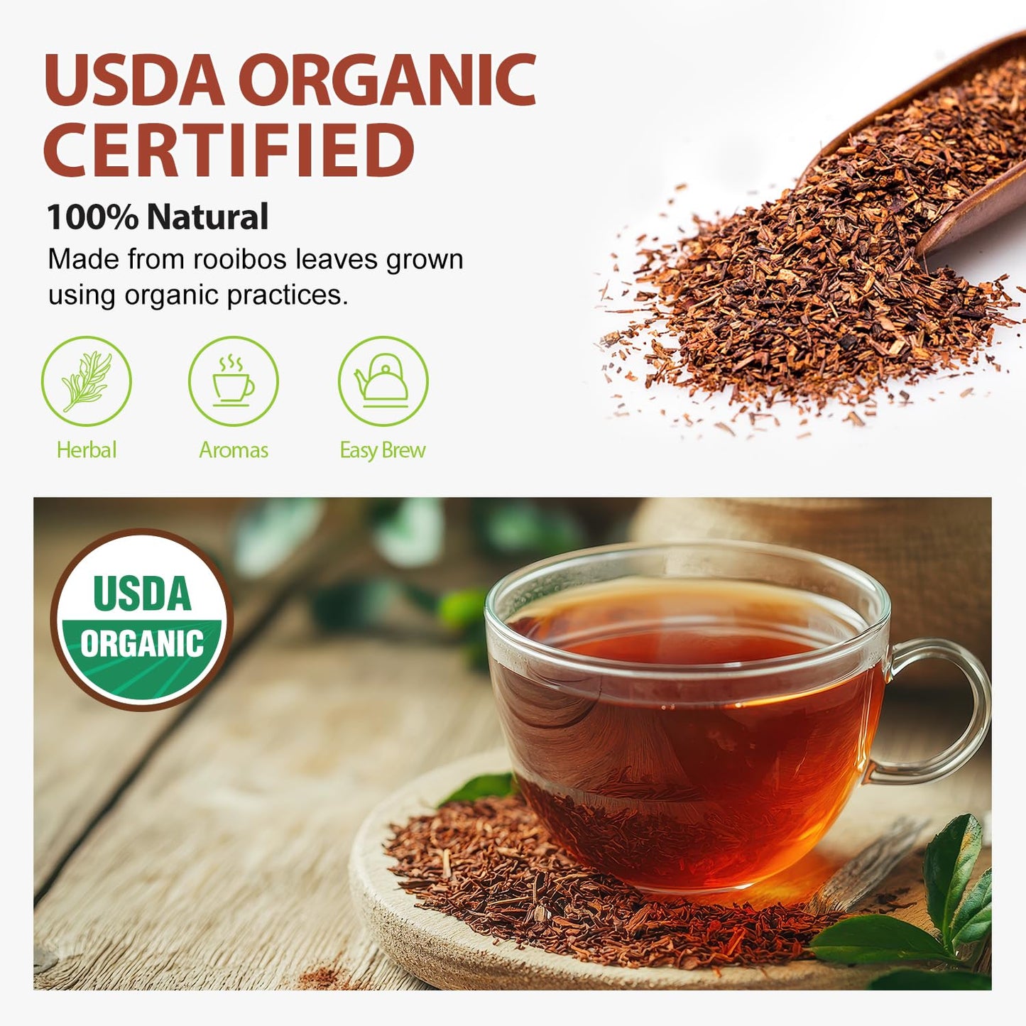 Soeos Organic Rooibos Tea  100 Teabags  Naturally Caffeine Free  USDA and Non GMO Certify  Smooth and Robust Flavor  Excellent for Hot or Iced Brew  9oz (250g)