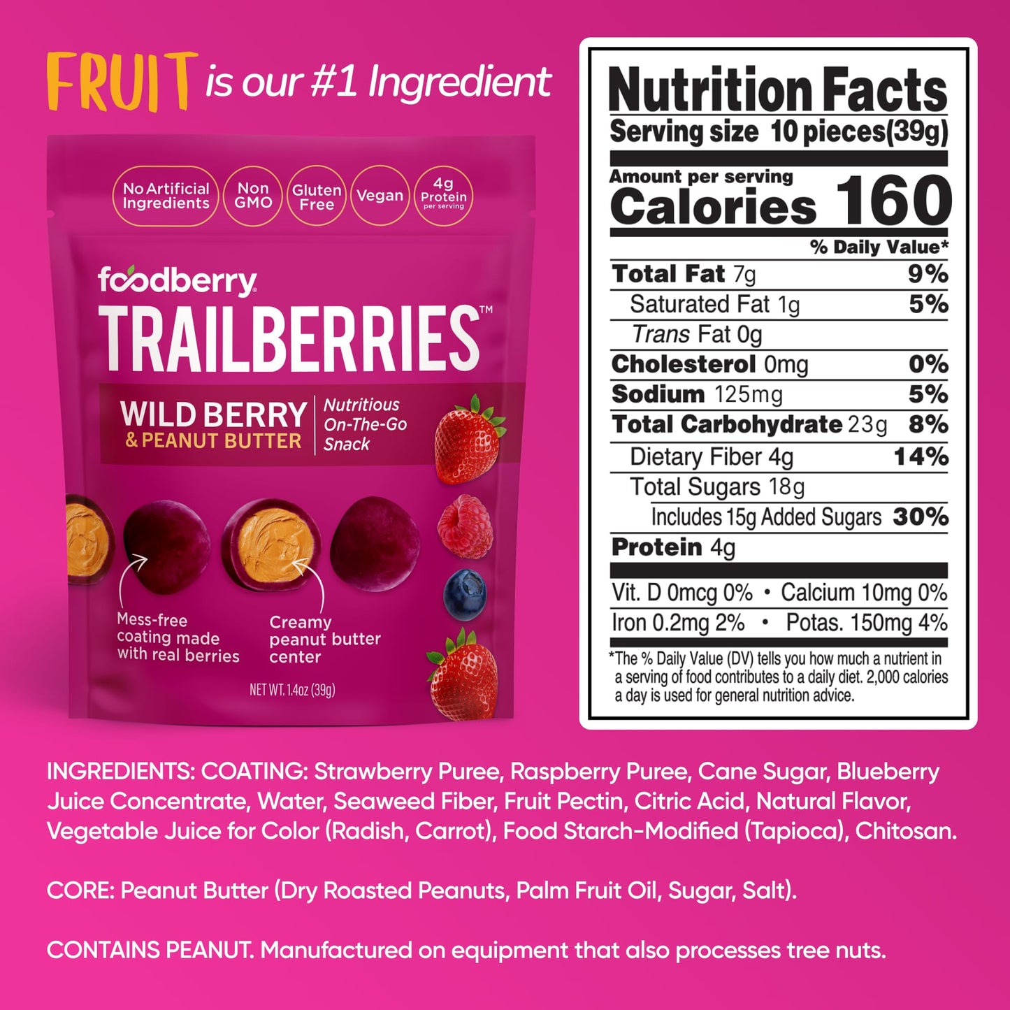 Foodberry Peanut Butter Trailberries, Nutritious Snack, Delicious Bites of Creamy Peanut Butter Coated in Real Fruit (Like Softe