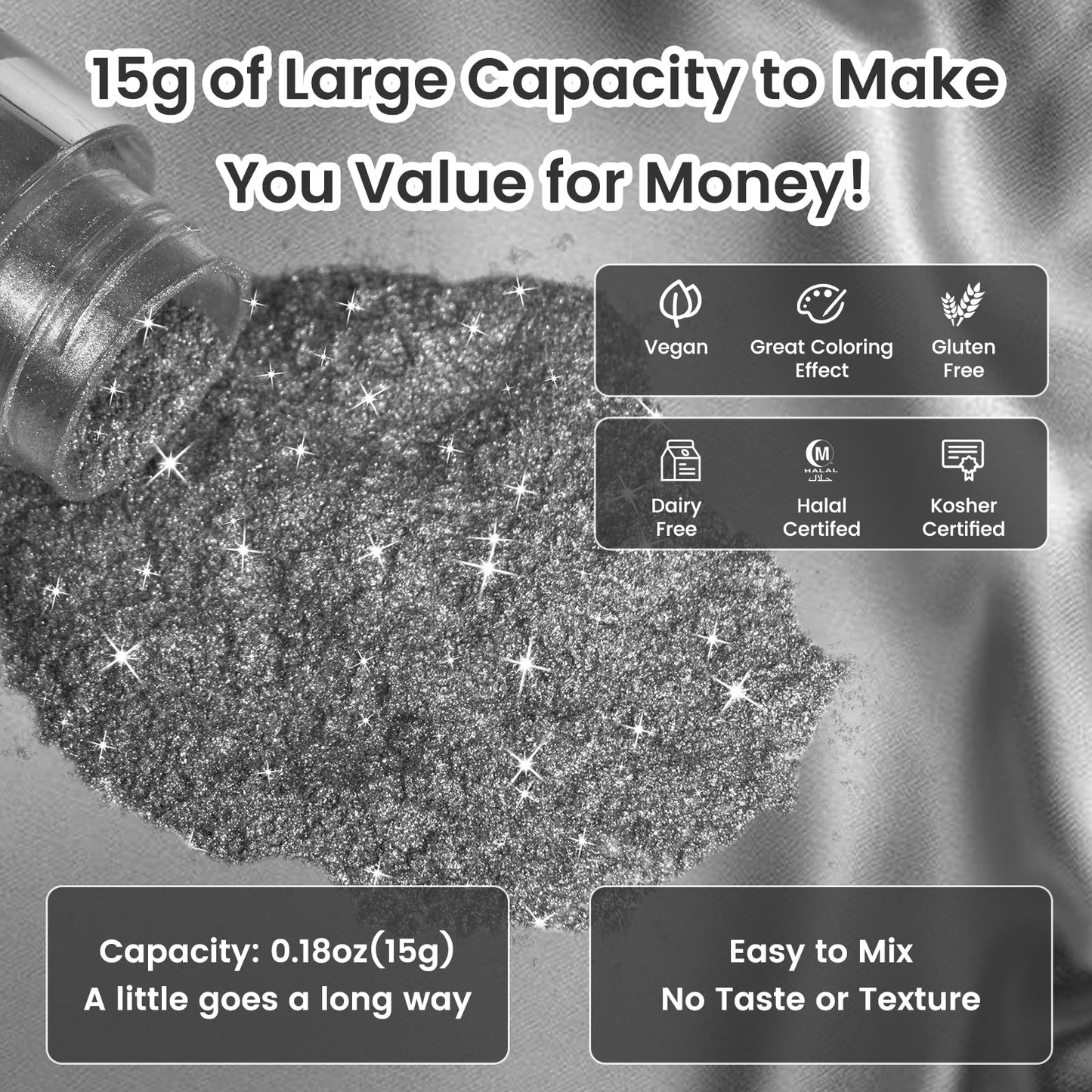 Black Edible Glitter For Cakes And Cocktails, 15G Food-Grade Black Luster Dust Edible Shimmer Powder For Drinks,Baking,Easter Eg