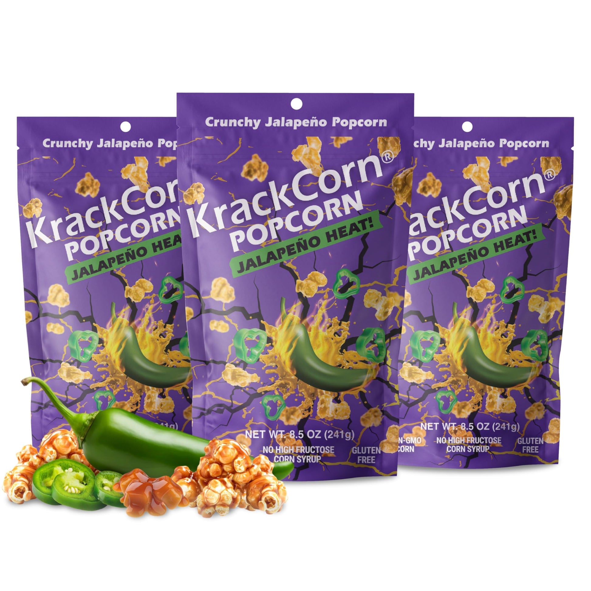 KrackCorn Jalapeno Flavored Caramel Popcorn - Gluten-Free, Non-GMO, 8.5 oz (Pack of 3)
