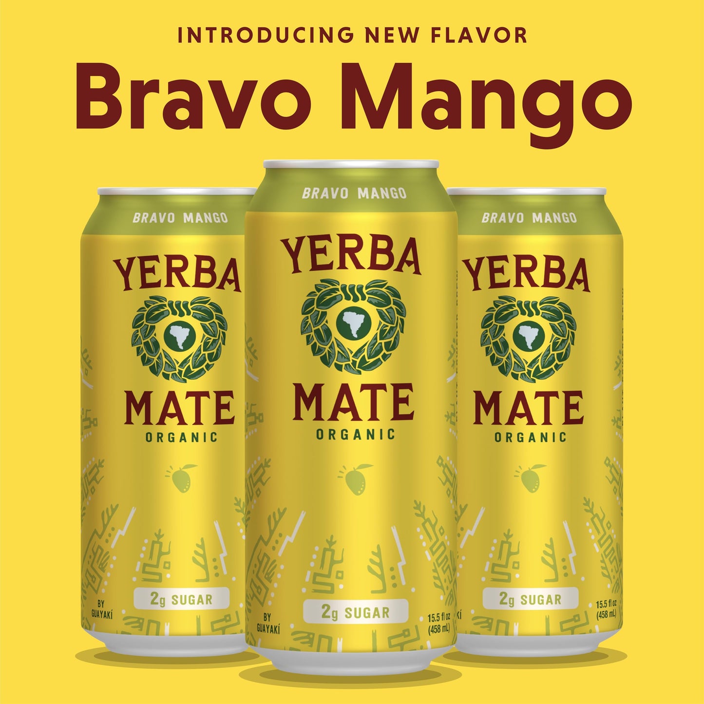 Guayaki Yerba Mate Energy Drink, Bravo Mango, Low Sugar, 150mg Caffeine, 15.5 Fl Oz, Pack of 12