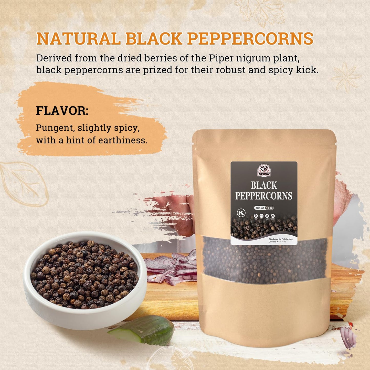 52USA Black Peppercorns 12 oz and Coarse Sea Salt 2 lbs, Salt and Pepper for Grinder Refill, Whole Peppercorns