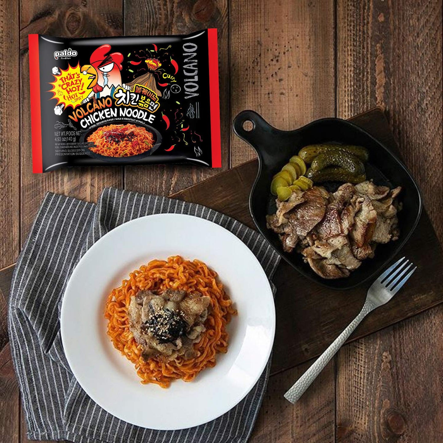 Paldo Fun & Yum Volcano Extremely Hot & Spicy Stir Fried Chicken Instant Noodles, Pack Of 16, Soupless Original Korean Ramyun, S