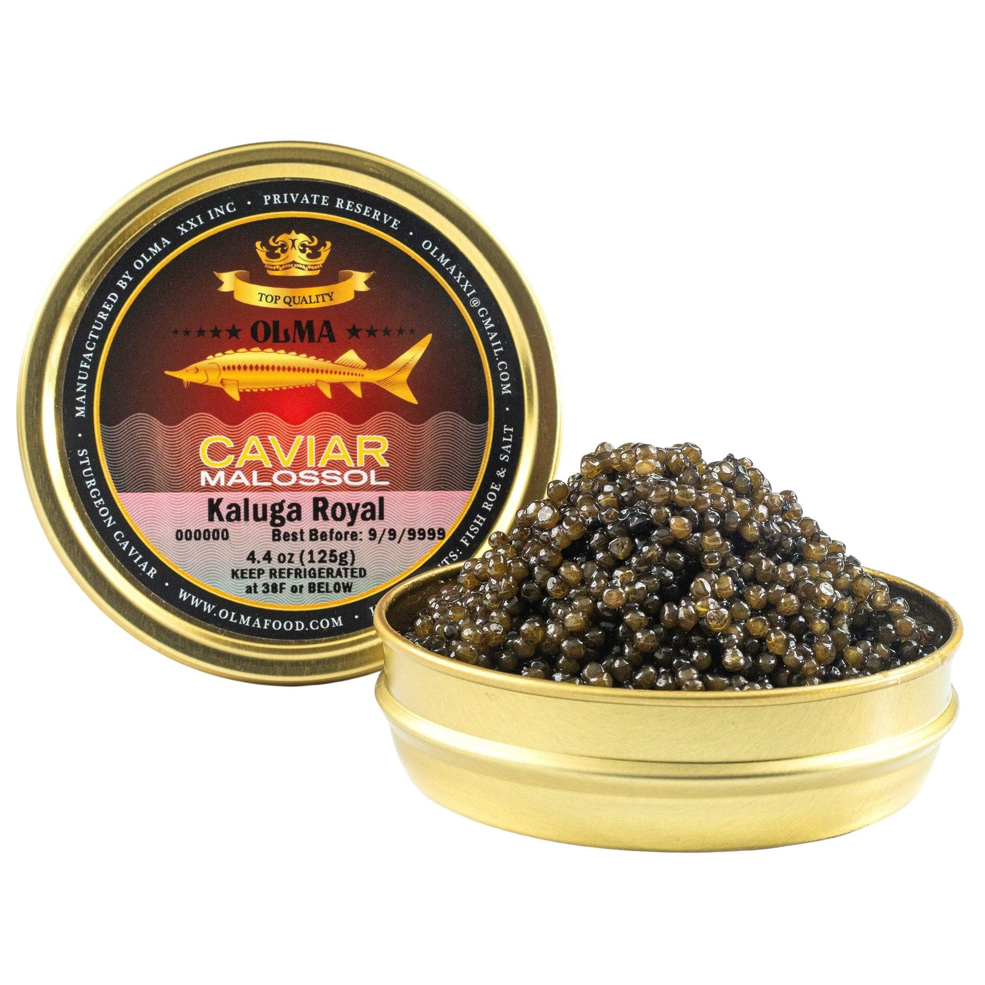 OVERNIGHT SHIPPING- OLMA Kaluga Sturgeon Black Caviar - Large Pearly Grains, Smooth Flavor, Superior Grade - 4.4 oz / 125 g