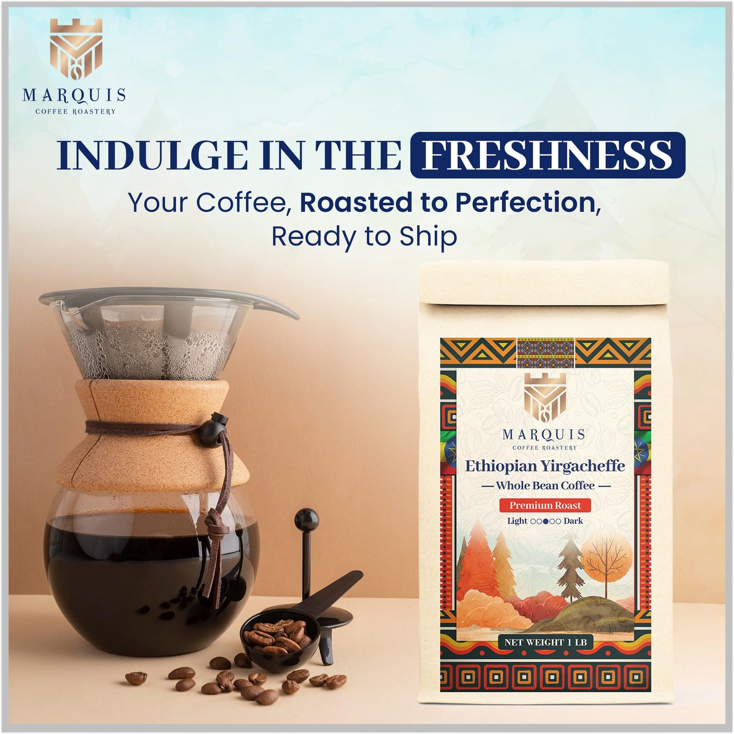 Marquis - Ethiopian Yirgacheffe Coffee Beans, Rich And Bold, Fresh Medium Roast Coffee With A Fruity Flavor, Premium Ethiopian W