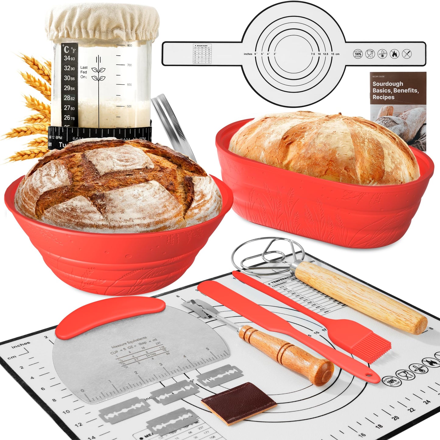 Sourdough Starter Kit with Jar - Complete Sourdough Bread Baking Supplies for Beginners, Includes 2 Silicone Proofing Baskets Ba