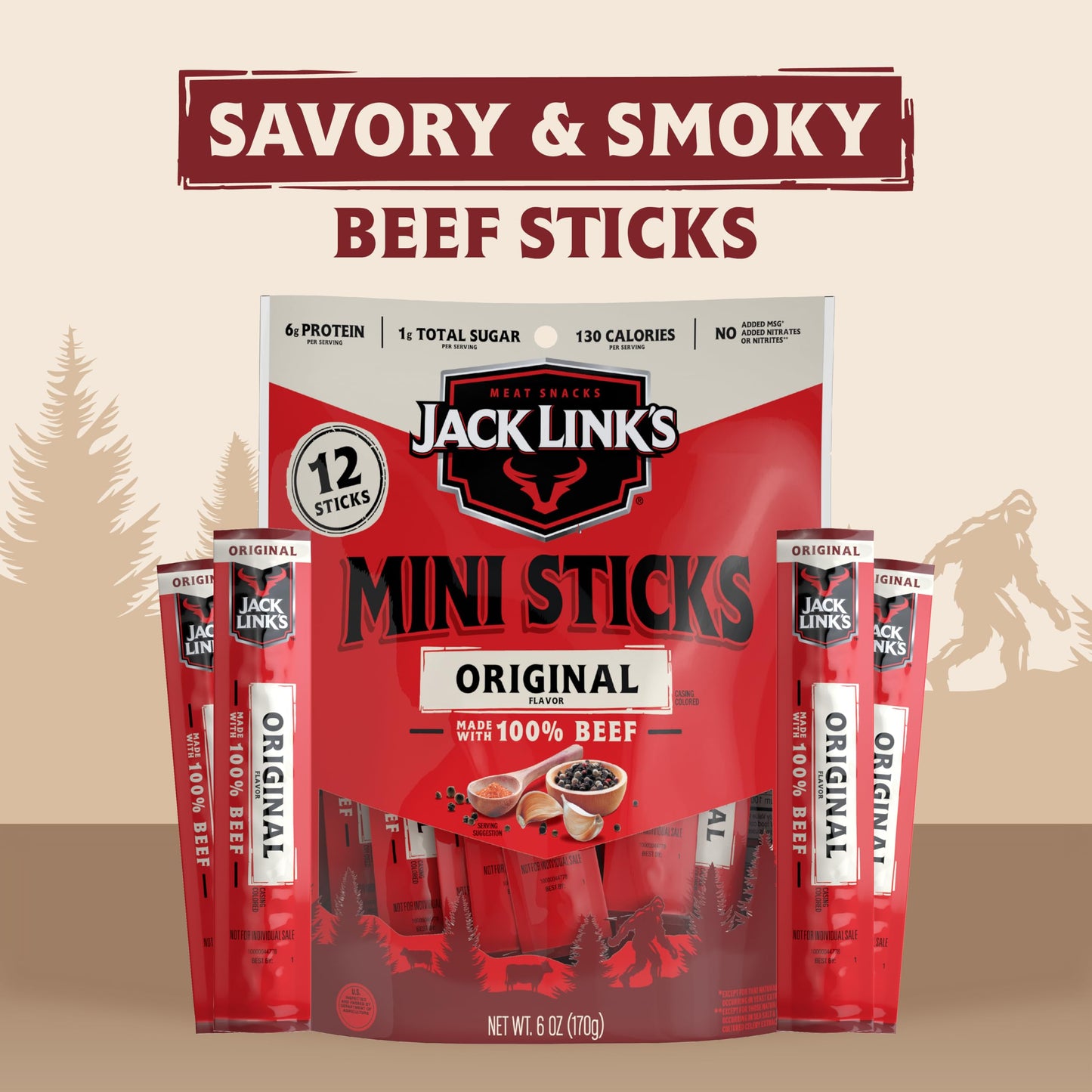 Jack Link'S Mini 100% Beef Sticks, Original Flavor - 6G Of Protein Snacks, 65 Calories Per Stick, On The Go Snacking, Keto & Pal