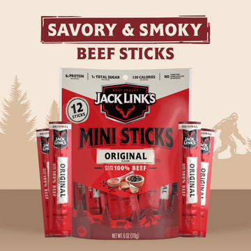 Jack Link'S Mini 100% Beef Sticks, Original Flavor - 6G Of Protein Snacks, 65 Calories Per Stick, On The Go Snacking, Keto & Pal