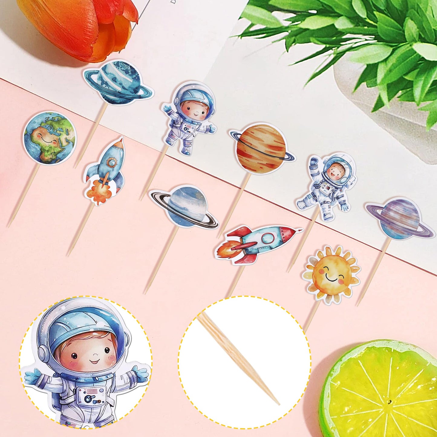 40 Pcs Space Astronaut Cupcake Toppers Sun Planet Rocket Spaceship Trip To The Moon Cupcake Food Picks For Universe Outer Space