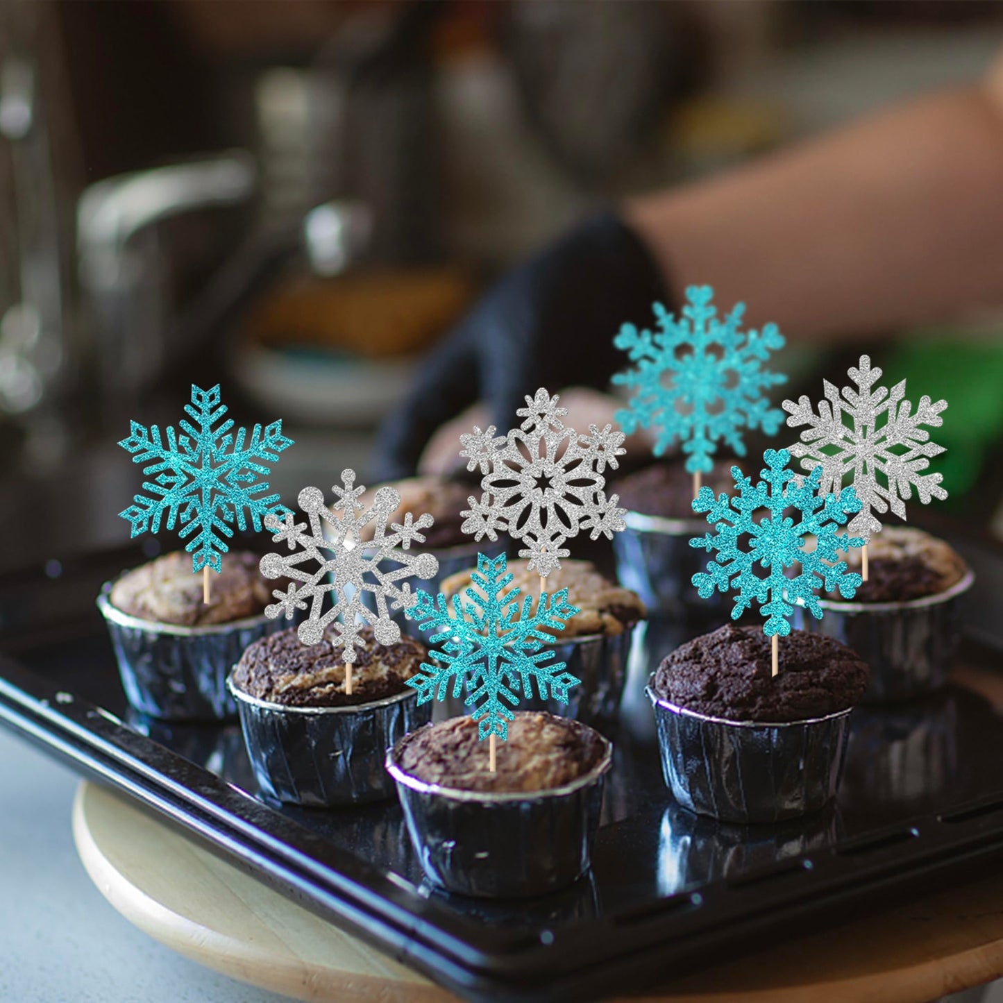 YCTHUNFISH 30 Pack Cupcake Toppers - Glitter Snowflake Picks - Light Blue - Perfect for Christmas, Baby Shower, Kids Birthday Party
