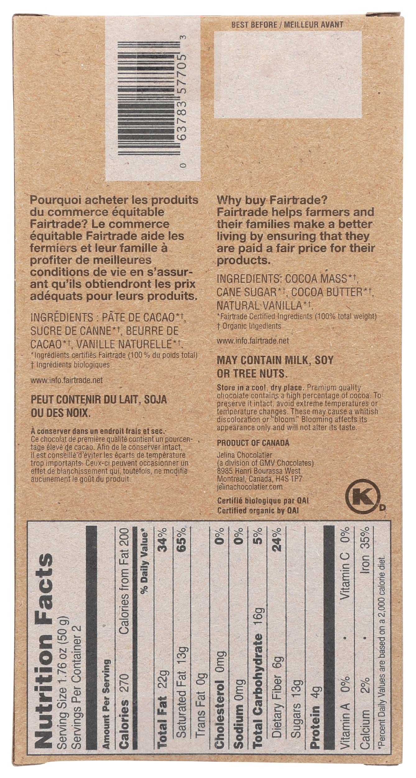 Jelina Chocolatier Organic Dark Chocolate  - Case of 8 - 3.52 OZ (8x3.52 OZ)
