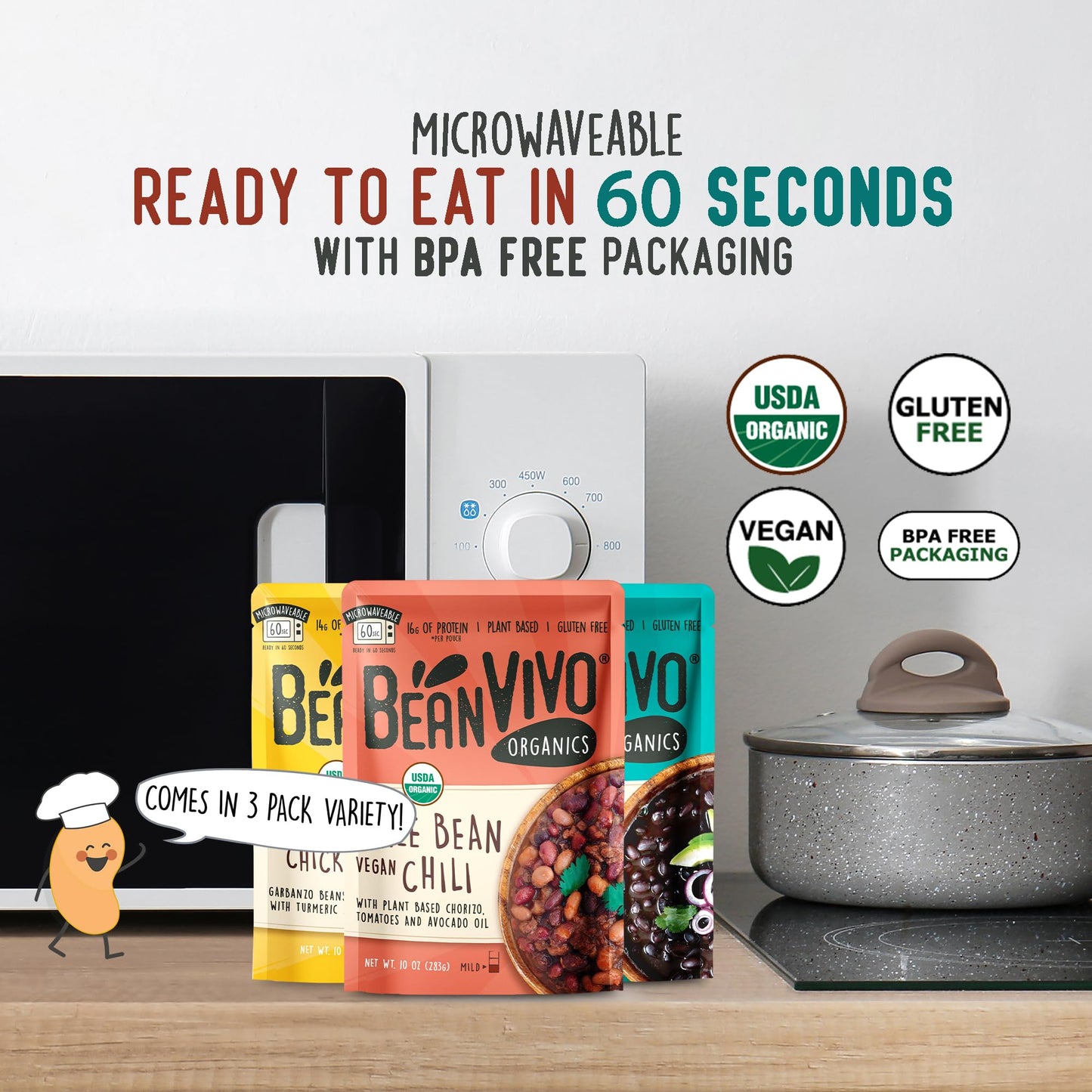 Beanvivo - Variety 3 Pack (10 Oz Each) - Organic Baja Black Beans, Three Bean Vegan Chili, Coconut Curry Chickpeas - Seasoned &