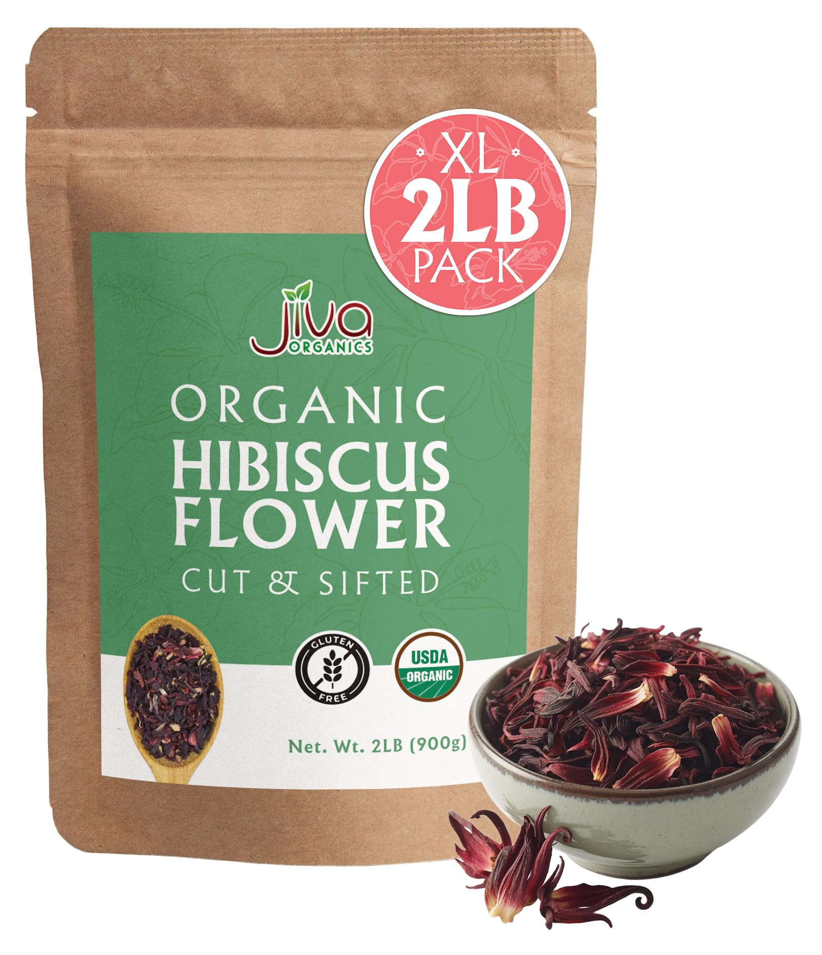 Jiva Organics Organic Hibiscus Flowers - 100% Pure, Gluten Free, Non GMO, Caffeine Free, 2 LB Jumbo Bulk Bag