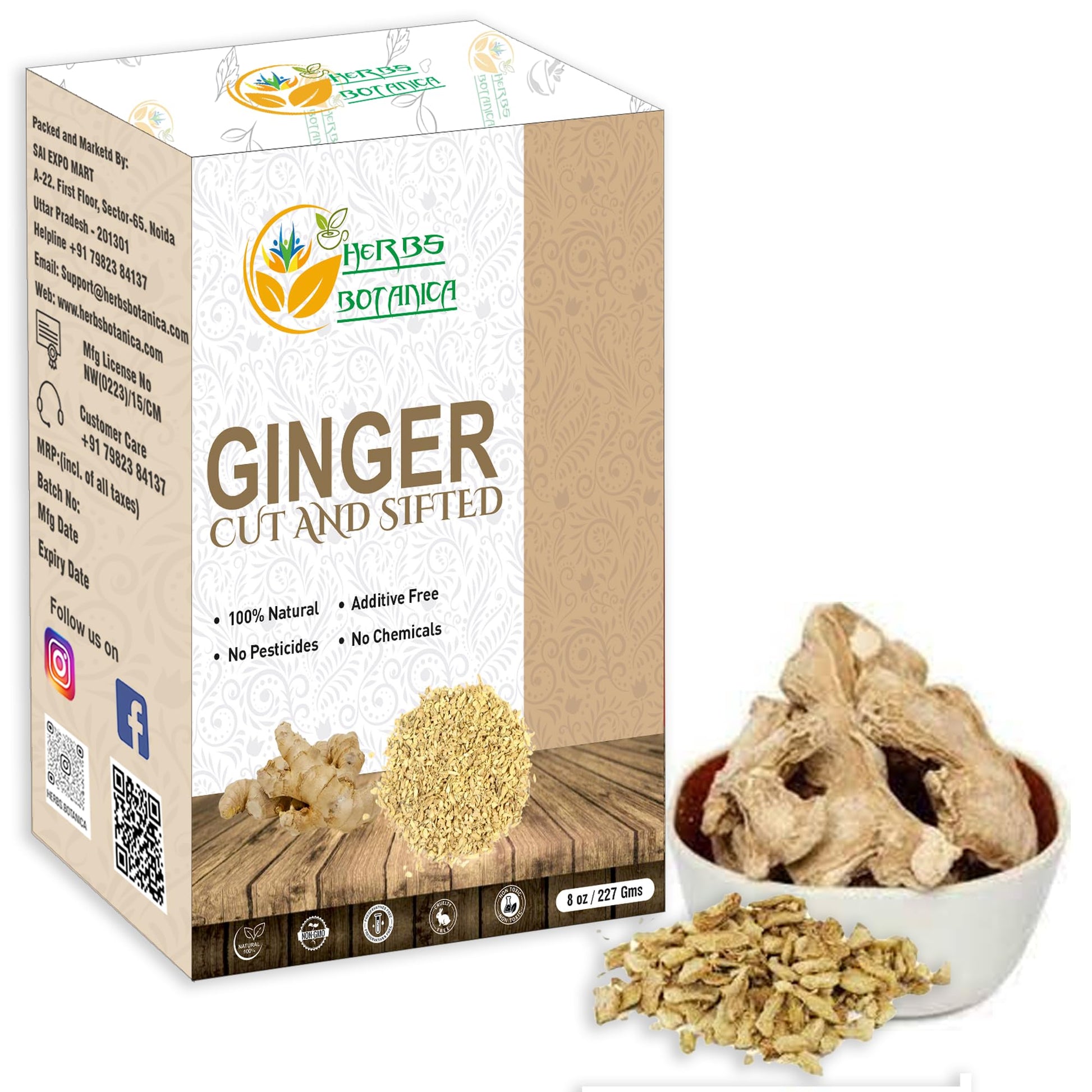 Herbs Botanica Dried Ginger Root Cut & Sifted for Teas & Oils, Food Grade, Non GMO, 8 oz