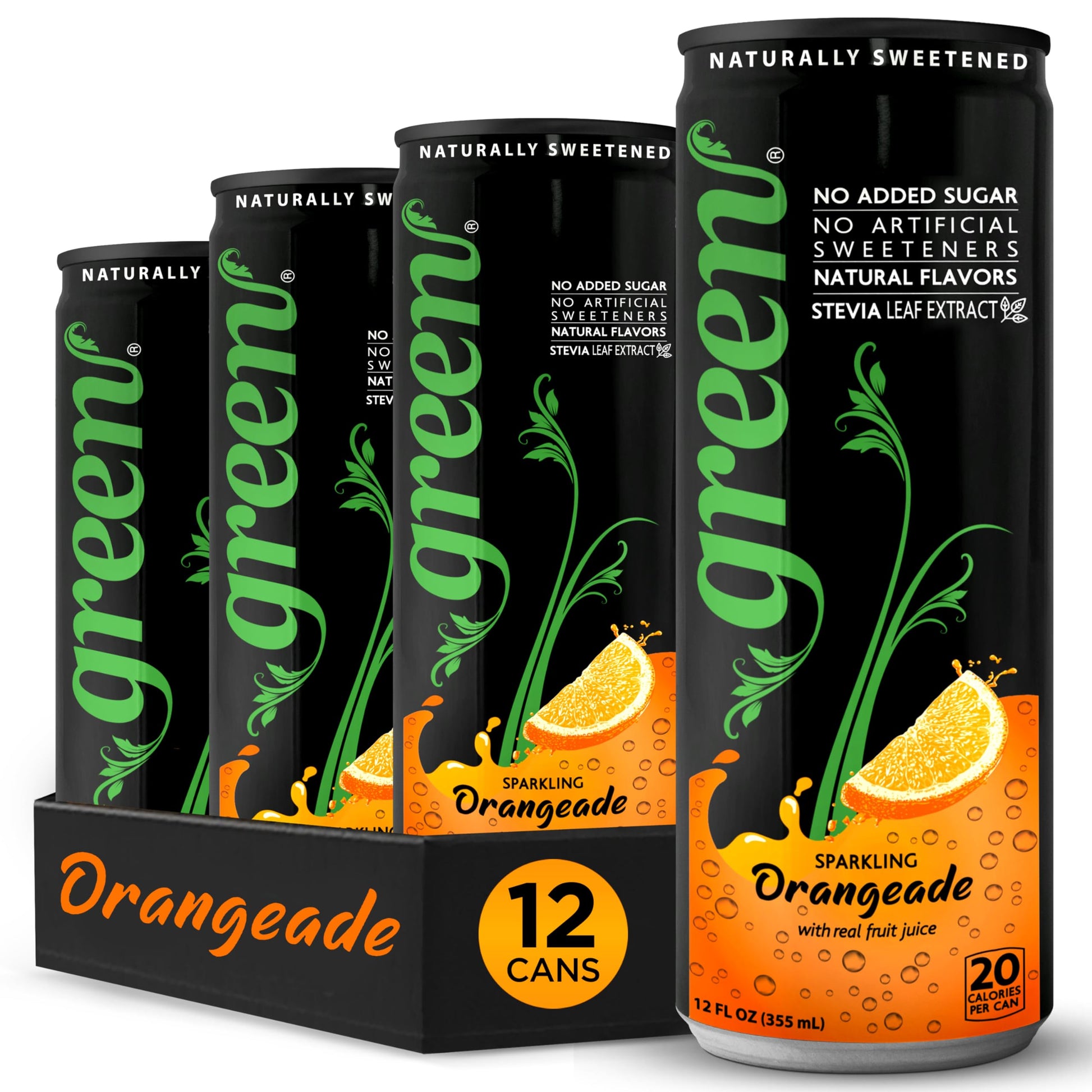Green Orangeade - No added Sugar, 10% Real Orange Juice, 20 Calories per can, Naturally Sweetened with 100% Stevia Leaf Extract,