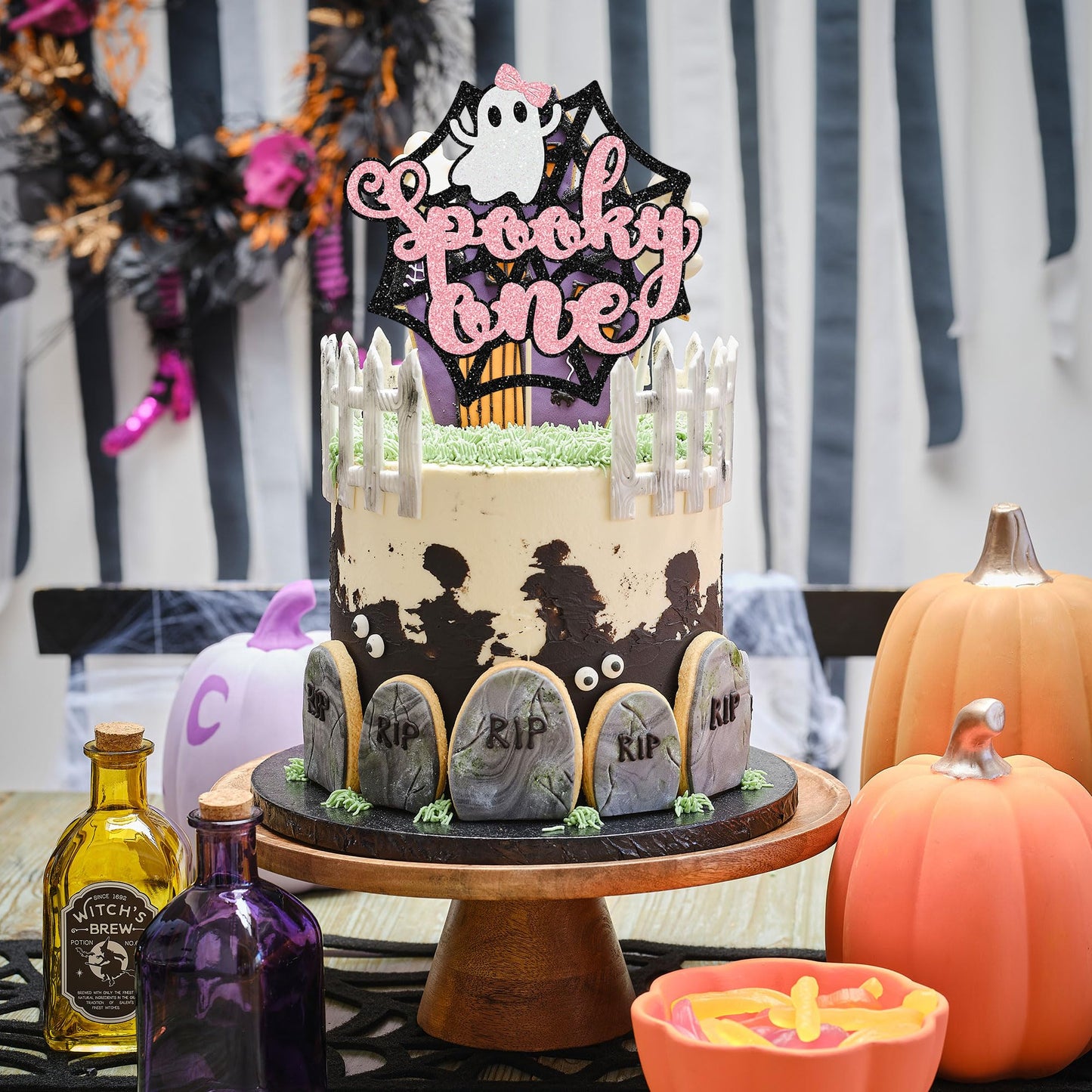 Gyufise 1Pc The Spooky One Cake Topper Pink Glitter The Spooky One Halloween Cake Picks 1St Birthday Cake Decorations For Hallow