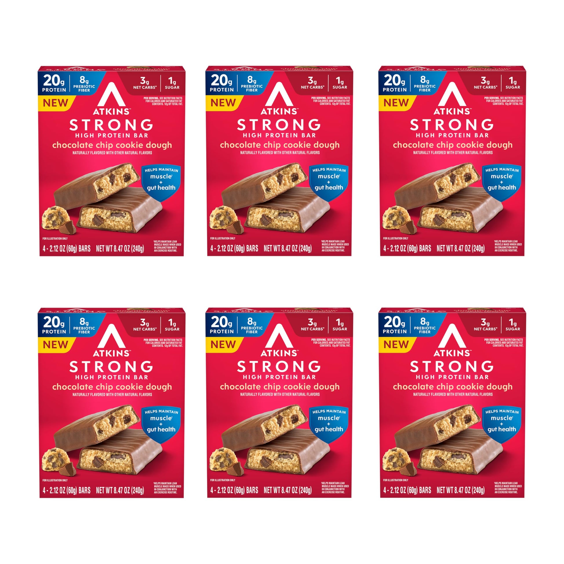 Atkins Strong Chocolate Chip Cookie Dough High Protein Bars, 20g Protein, 2g Sugar, 4 Count (Pack of 6)