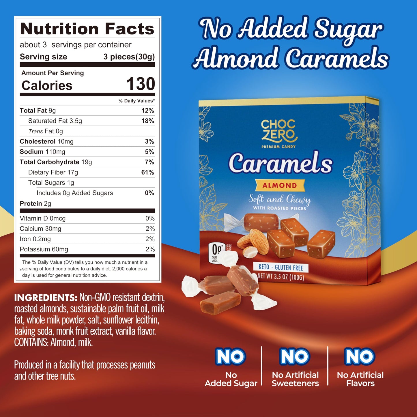 Choczero Sugar Free Almond Caramels, Soft And Chewy With Roasted Almonds, Keto Candy, All Natural, Low Carb Snack (3.5Oz Box)