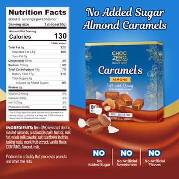 Choczero Sugar Free Almond Caramels, Soft And Chewy With Roasted Almonds, Keto Candy, All Natural, Low Carb Snack (3.5Oz Box)