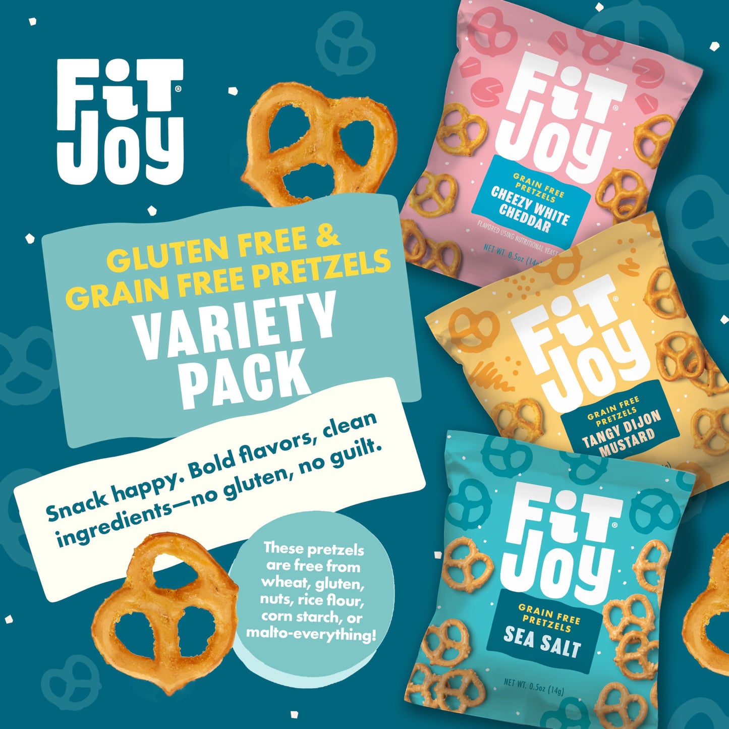 FitJoy Pretzel Variety Pack - 24 Count, 0.5 Oz Each - Tangy Dijon Mustard, Sea Salt, Cheezy White Cheddar - Gluten Free Snack