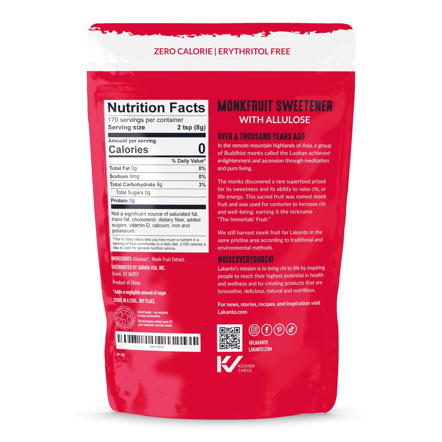 Lakanto Monk Fruit Sweetener, Classic White, Zero Calorie, Low Carb, Gluten Free, 48 Ounce Bag