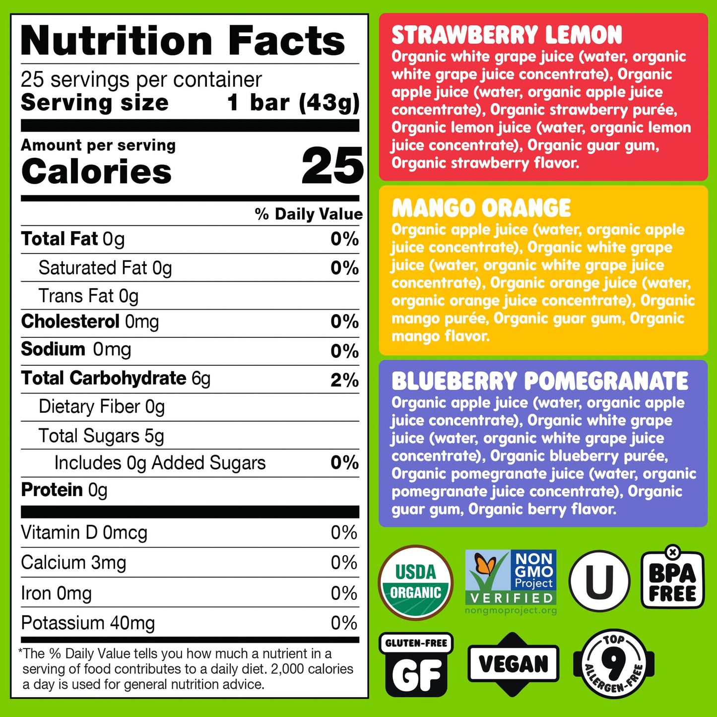 DeeBees Organics SuperFruit Freezie Variety Pack, 100% Real Fruit Freezer Pops, No Added Sugar, 50 Count