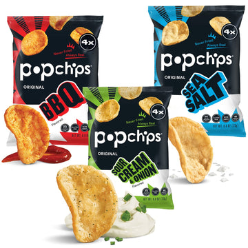 Popchips Potato Chips Variety Pack Single Serve Bags, 3 Flavors: 12 Sea Salt, 12 Bbq, 6 Sour Cream & Onion, 0.8 Oz Bags Each, Pack Of 30,Red,F-Ar-94005