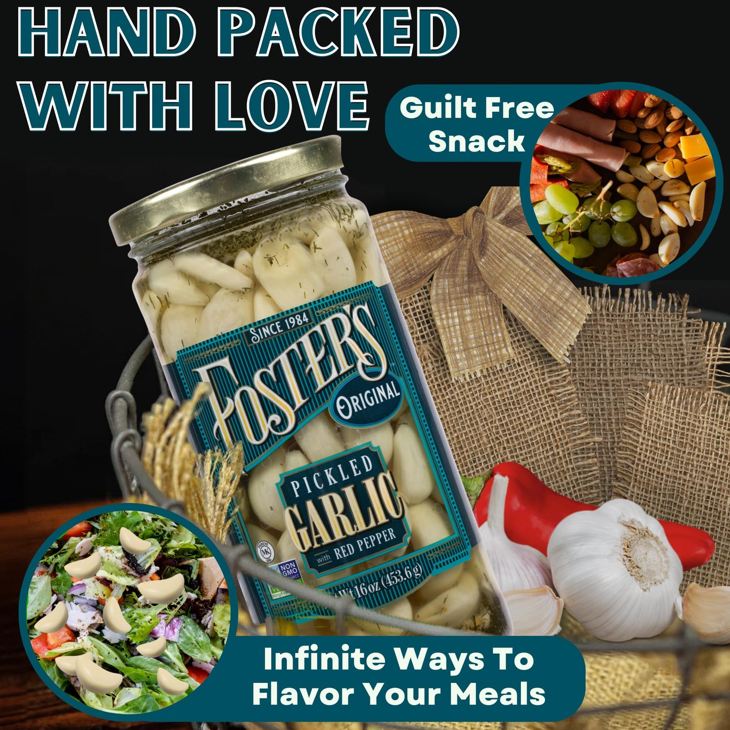 Foster'S Pickled Garlic Cloves- Original- 16Oz (2 Pack)- Pickled Garlic In A Jar With Red Pepper - Traditional Pickled Vegetable