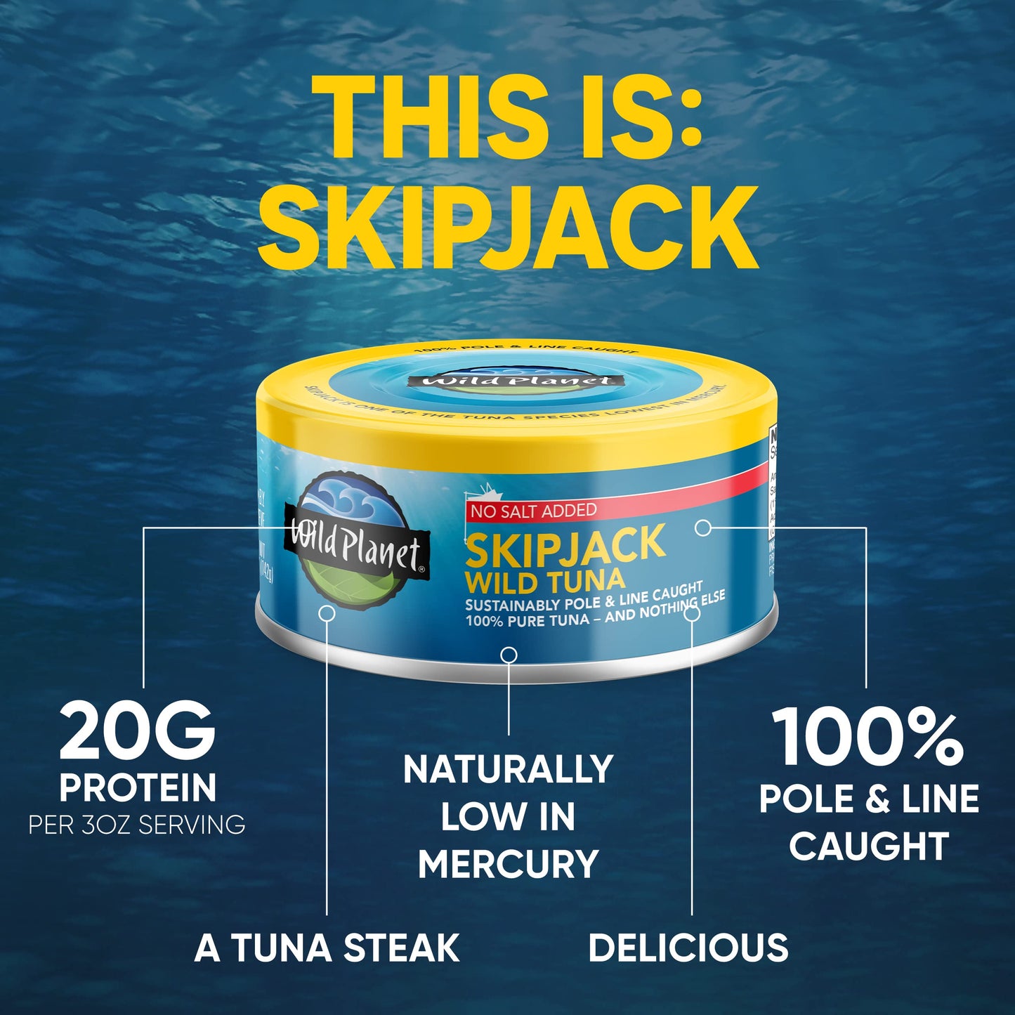 Wild Planet Skipjack Wild Tuna, No Salt Added, Canned Tuna, Sustainably Wild-Caught, Pole & Line, Non-Gmo, Kosher, 5 Ounce Can (