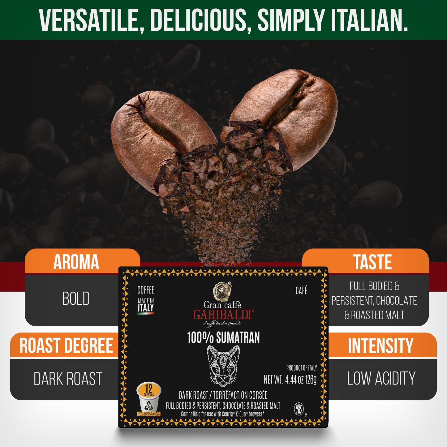 Caffè Garibaldi Sumatran Coffee Pods, Single-Serve Capsules For Keurig K-Cup Malt-Inspired With 100% Arabica Blend, Recyclable Pod And Single Serve Cups, 72 Count K-Pods - Dark Roast