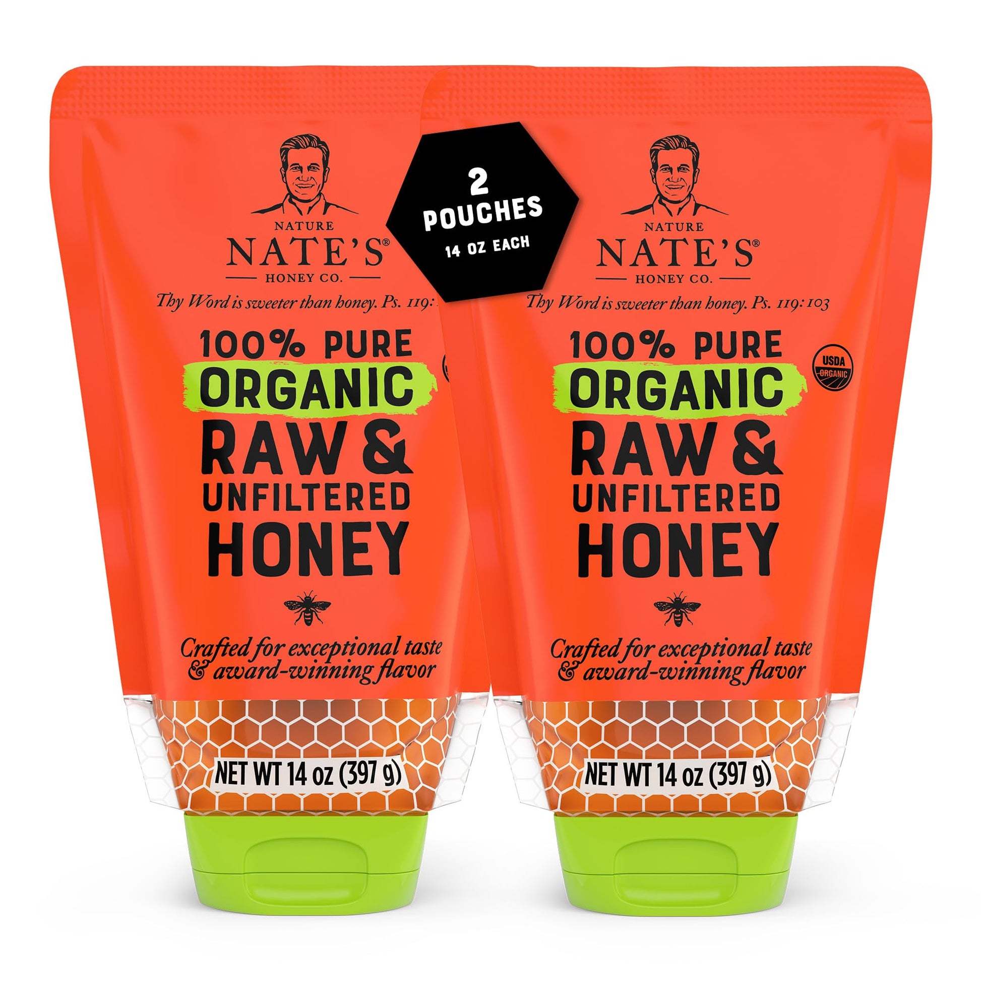 Nature Nate'S 100% Pure Usda Organic Raw & Unfiltered Honey, Two 14 Oz. No-Drip Sustainable Squeeze Pouches; Purity Guarantee, N