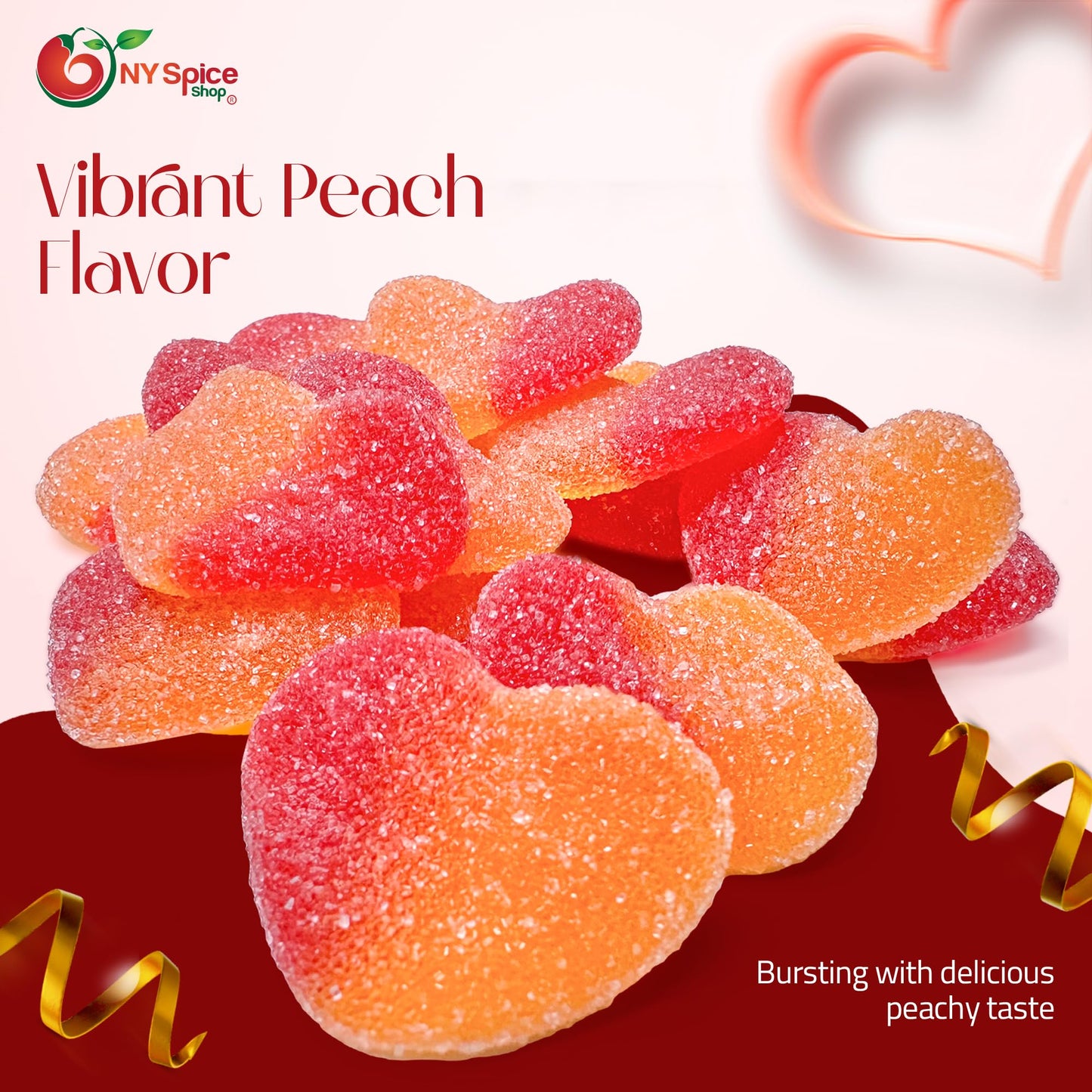 NY Spice Shop Peach Hearts Gummy Candy - 8 Ounce Peach Flavored Heart Shaped Candy - Peach Gummies Candy - Peach Gummy Candy Sna