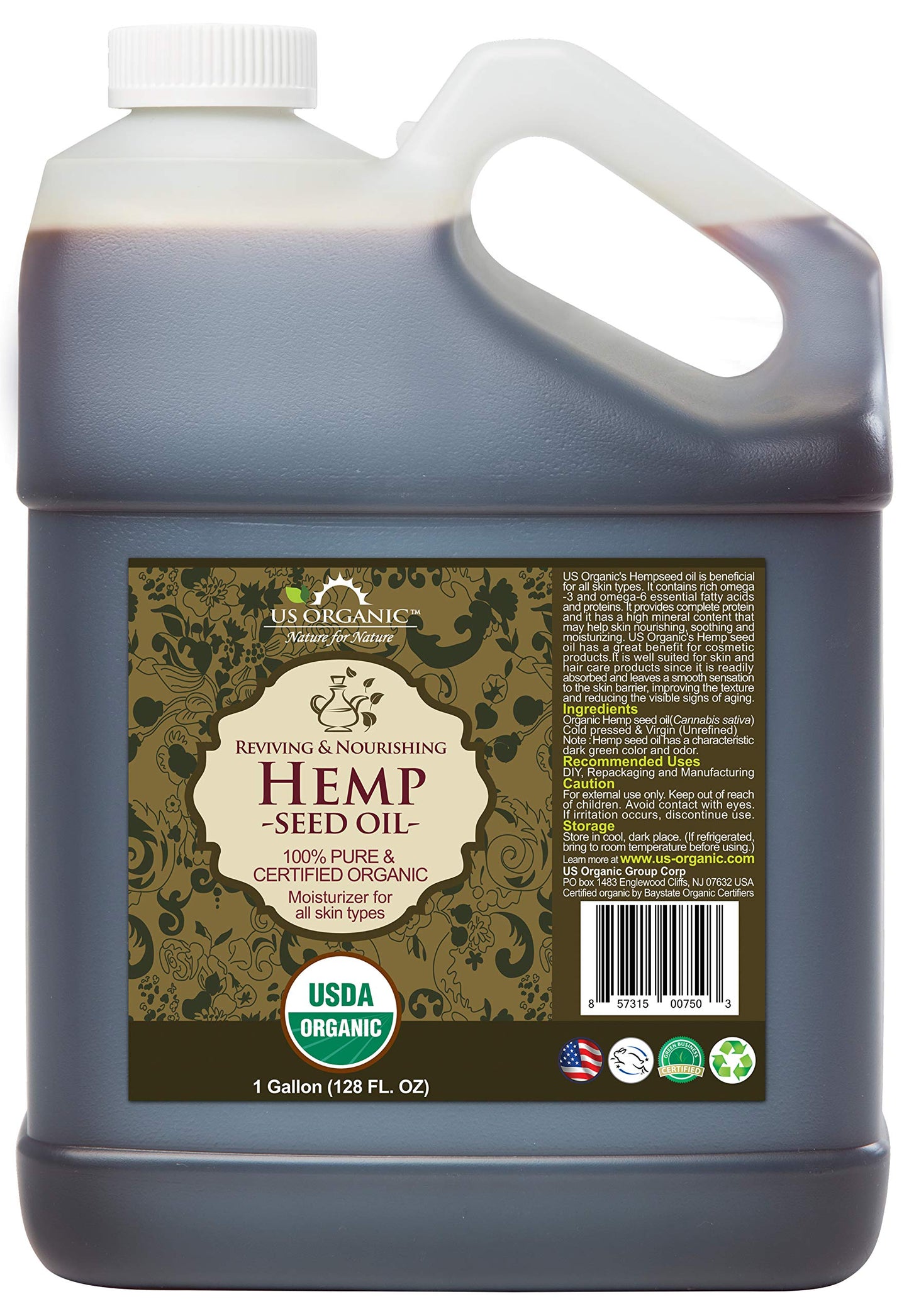 US Organic Hemp Seed Oil, Certified Organic, Pure & Natural, Cold Pressed Virgin, Unrefined, Size for DIY and small manufacturer