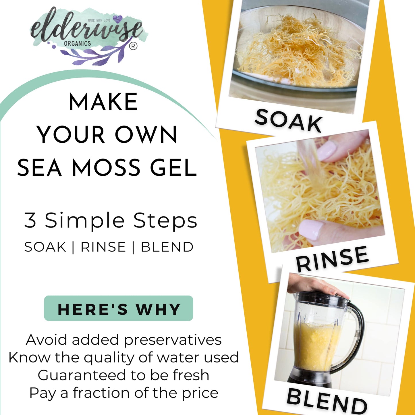 Elderwise Raw Sea Moss | Organic Seamoss Makes 20Oz Of Gel | Wildcrafted Golden Sea Moss | Raw & Non Gmo Certified | Sundried |