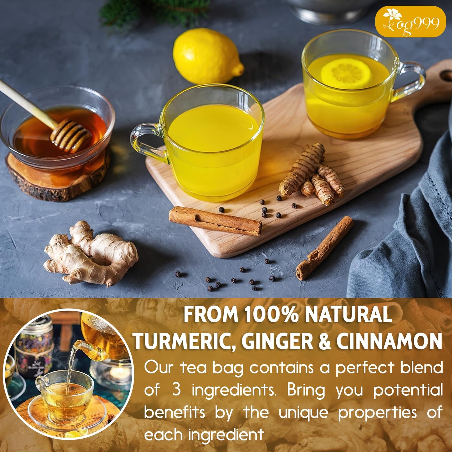 TOG999 Premium Turmeric Ginger Cinnamon Tea Bags, 60 Count, Eco-Conscious, Vegan, No Sugar, No Caffeine, No Gluten